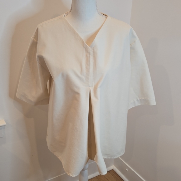 COS White Cream Blouse V-Neck Pleated 3/4 Sleeve Cotton Polyester - Size Medium - Picture 1 of 6